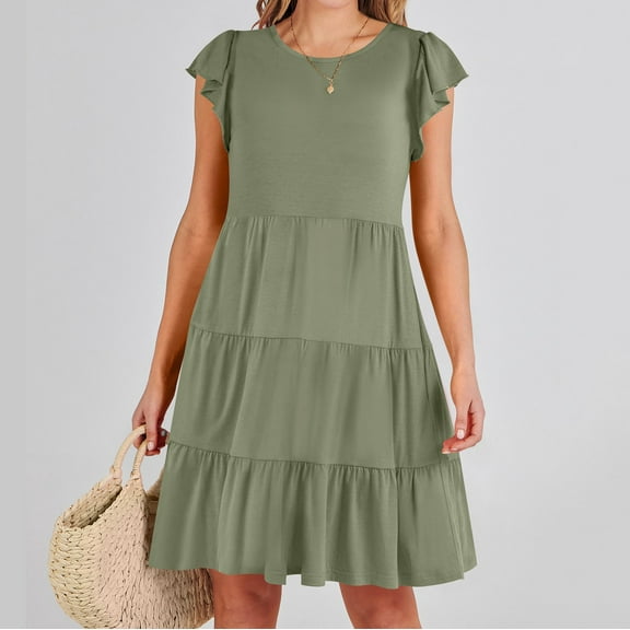 AOOCHASLIY Ladies' Holiday Dress Womens Summer Spring V Neck Ruffle Chiffon Elegant Waist Mini Short Swing Dresses