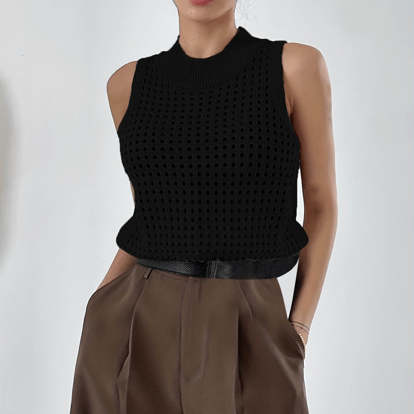 Women Black V Neck Hollow Out Knit Waistcoat Sleeveless main image 1