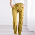 thumbnail image 1 of AOOCHASLIY Ladies Pants Woman Solid Color Cotton And Linen Drawstring Elastic Waist Long Straight Pants, 1 of 1