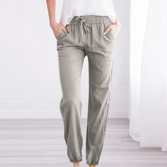 AOOCHASLIY Ladies Pants Woman Solid Color Cotton And Linen Drawstring Elastic Waist Long Straight Pants