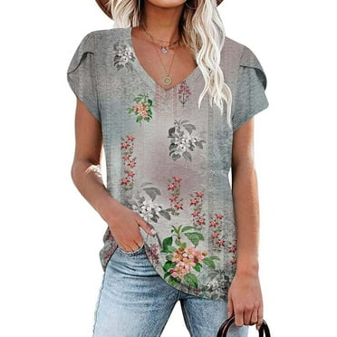 AOOCHASLIY Ladies Tops Clearance Fashion Women Summer V-Neck Blouse Short Sleeve Print Casual T-shirt