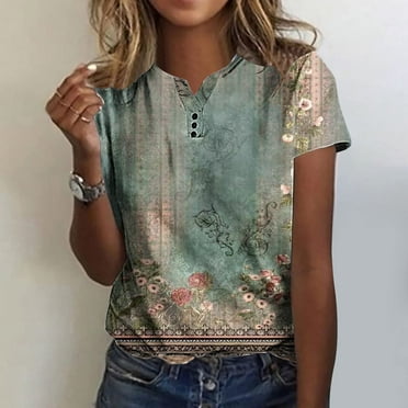 AOOCHASLIY Ladies Tops Clearance Women's Short Sleeve Loose Tee Tops V Neck Fashion Casual Printing Shirts Blouse