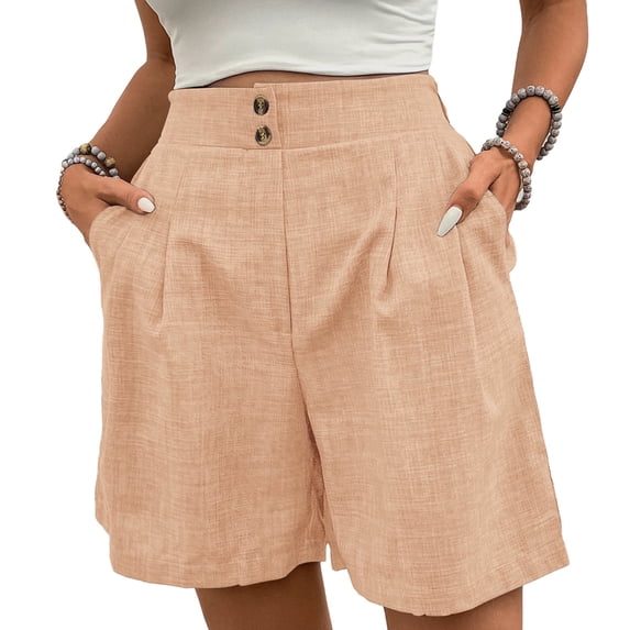AOOCHASLIY Linen Shorts for Women Summer Casual Button Elastic High Waist Shorts Pleated Short Pants Beach Vacation Outfits
