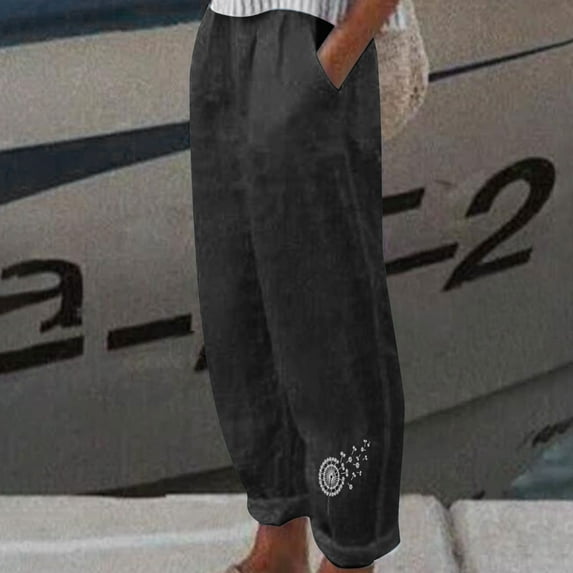 AOOCHASLIY Long Pants Clothes Fashion Womens Summer Casual Loose Cotton Linen Pocket Print Trousers