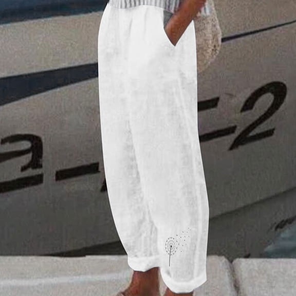 AOOCHASLIY Long Pants Clothes Fashion Womens Summer Casual Loose Cotton Linen Pocket Print Trousers