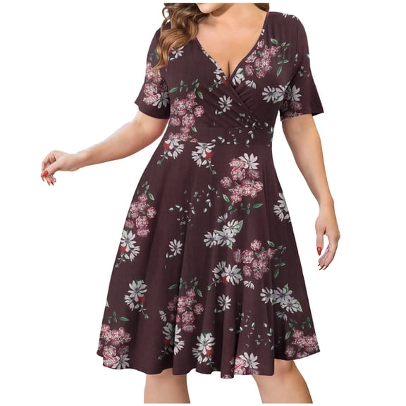 AOOCHASLIY Maxi Dresses for Women Clothes Womens Casual Plus Size V-Neck Print Short Sleeve Boho Dress Swing Dress With Pockets
