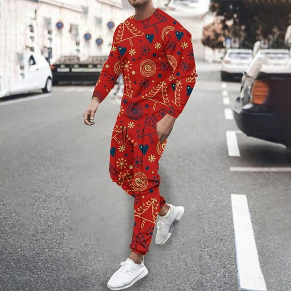 AOOCHASLIY Men Suit Casual Solid Fashion Round Neck Pullover Sports Suit Trend Multicolor Two-Piece Tracksuit Christmas Day