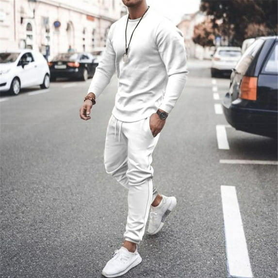 AOOCHASLIY Men Suit Casual Solid Fashion Round Neck Pullover Sports Suit Trend Multicolor Two-Piece Tracksuit