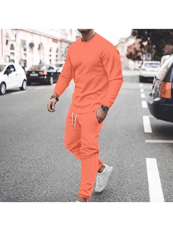 Men Suit Casual Solid Fashion Round Neck Pullover Sports Suit Trend Multicolor Two-Piece Tracksuit