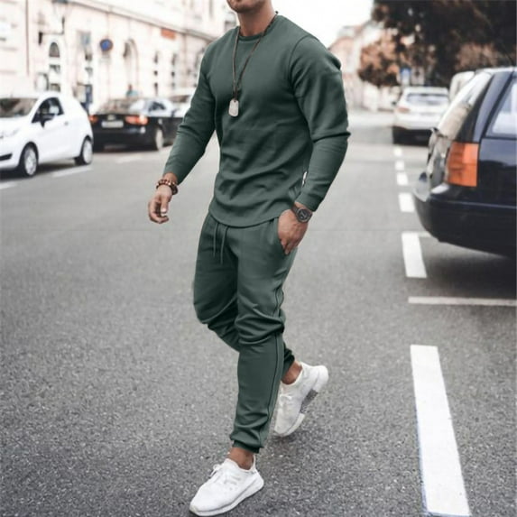 AOOCHASLIY Men Suit Casual Solid Fashion Round Neck Pullover Sports Suit Trend Multicolor Two-Piece Tracksuit