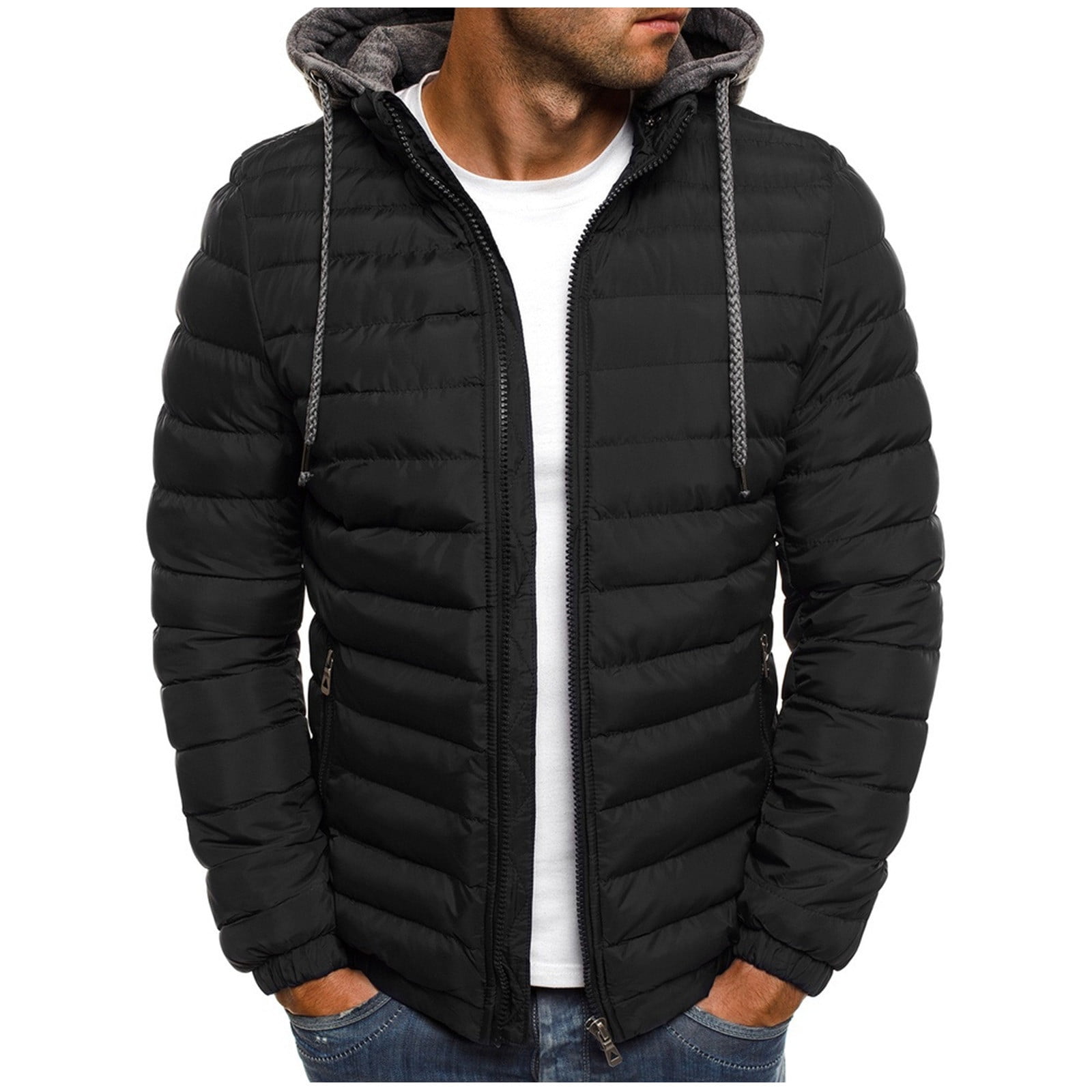 AOOCHASLIY Men's Solid Color Hooded Jacket Cotton Padded Jacket Fashion ...