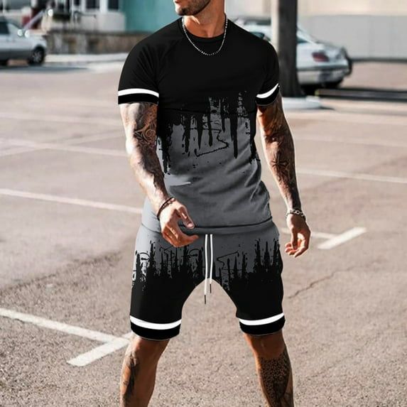 AOOCHASLIY Mens Sweat Suits Sets Clothes Jogging Suits Casual Round Neck Printing Short Sleeve Blouse and Shorts Pants Two-piece Suit