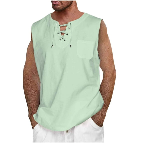 AOOCHASLIY Mens T-shirts Short Sleeve Men Casual Summer Cotton And Linen Solid V-Neck Tie Pocket Sleeveless Tank Tops