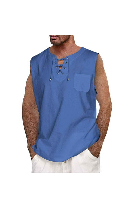 Mens T-shirts Short Sleeve Men Casual Summer Cotton And Linen Solid V-Neck Tie Pocket Sleeveless Tank Tops