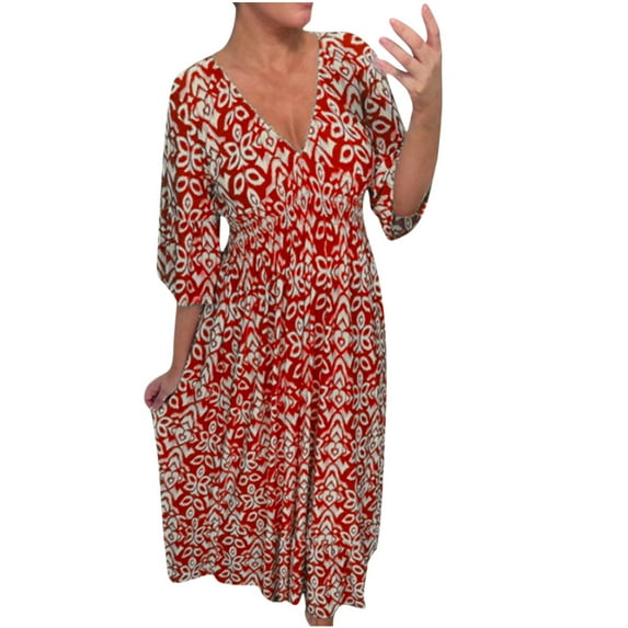AOOCHASLIY Miss Dress Fall Clothes Fashion Summer Women 3/4 Sleeve Loose Casual Elastic Waist V-Neck Print Dress