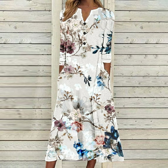 AOOCHASLIY Miss Dress Fall Clearance Fashion Women’s Casual Round Neck Flowers Printing Summer Short Sleeve Pockets Dress