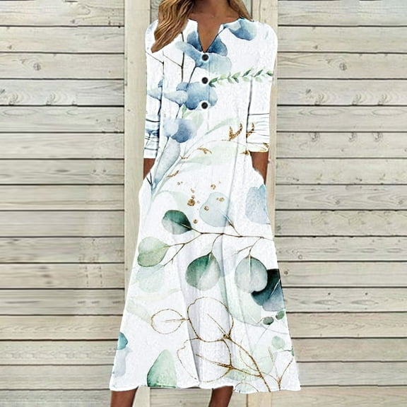 AOOCHASLIY Miss Dress Fall Clothes Fashion Women's Casual Round Neck Plants Printing Summer Short Sleeve Pockets Dress