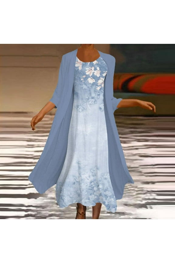 Miss Dress Fall Women 3/4 Sleeve Round Neck Loose Flower Print Two Piece Dress Set Skirt