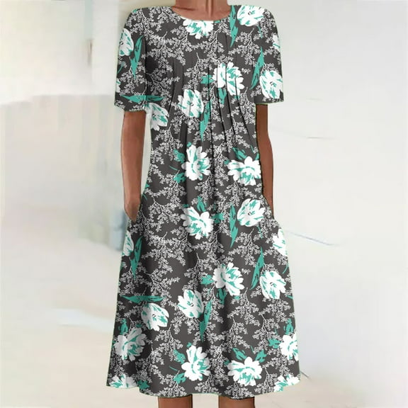 AOOCHASLIY Miss Dress Fall Clothes Women Casual Crew-neck Fashion Flowers Print Pleated Dress