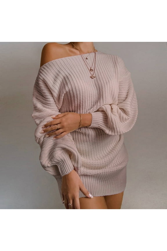 Miss Dress Fall Clothes Women European and American Casual Off Shoulder Dress Lantern Sleeves Knitted Woolen Dress
