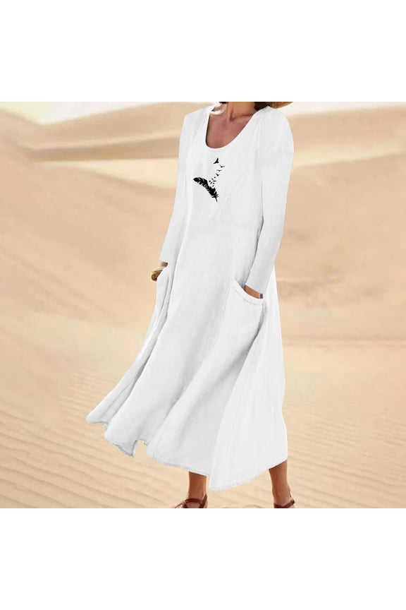 Miss Dress Fall Clothes Women Fashion Long Sleeve Solid Cotton Linen Round Neck Pocket Dress