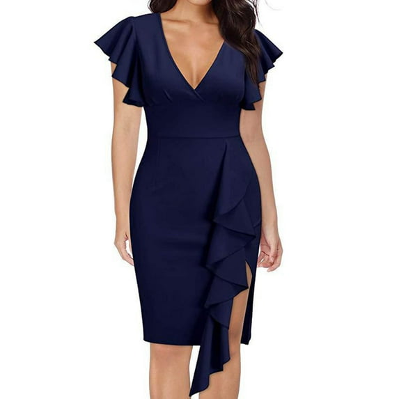 AOOCHASLIY Miss Dress Fall Clothes Women Summer Deep V-Neck Ruffle Sleeves Fashion Splicing Pencil Dress