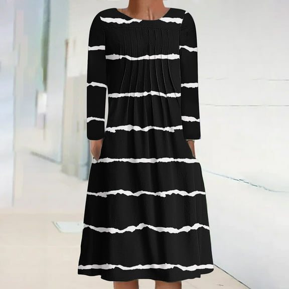 AOOCHASLIY Miss Dress Fall Clothes Women's Casual Round Neck Long Sleeve Folding Stripe Printed Dresses