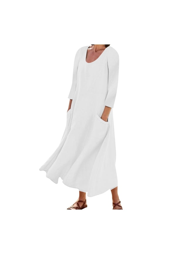 Miss Dress Fall Clothes Women Fashion Long Sleeve Solid Round Neck Cotton Linen Pocket Dress