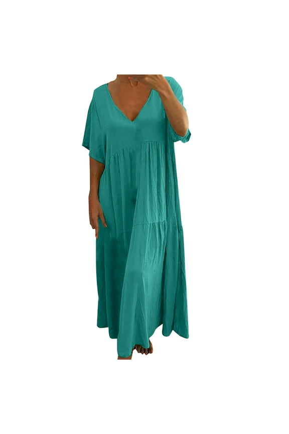 Miss Dress Fall Women Loose V-neck Short Sleeves Cotton Linen Soild Color Dress