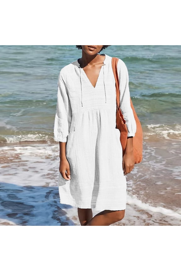 Miss Dress Fall Womens Loose 3/4 Sleeve V-Neck Casual Dresses With Pocket