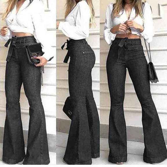 AOOCHASLIY Pants Summer Clothes Women Bell-Bottomed Pants Fashion Ladys High Waisted Lacing Stretch Wide Leg Jean Pants