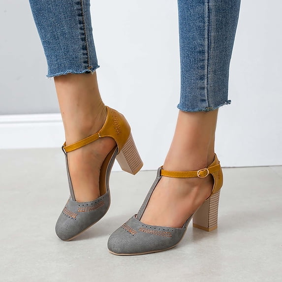 AOOCHASLIY Sandals Hollow Buckle Thick Heel Women's Single Shoes Color Matching Pump Sandals
