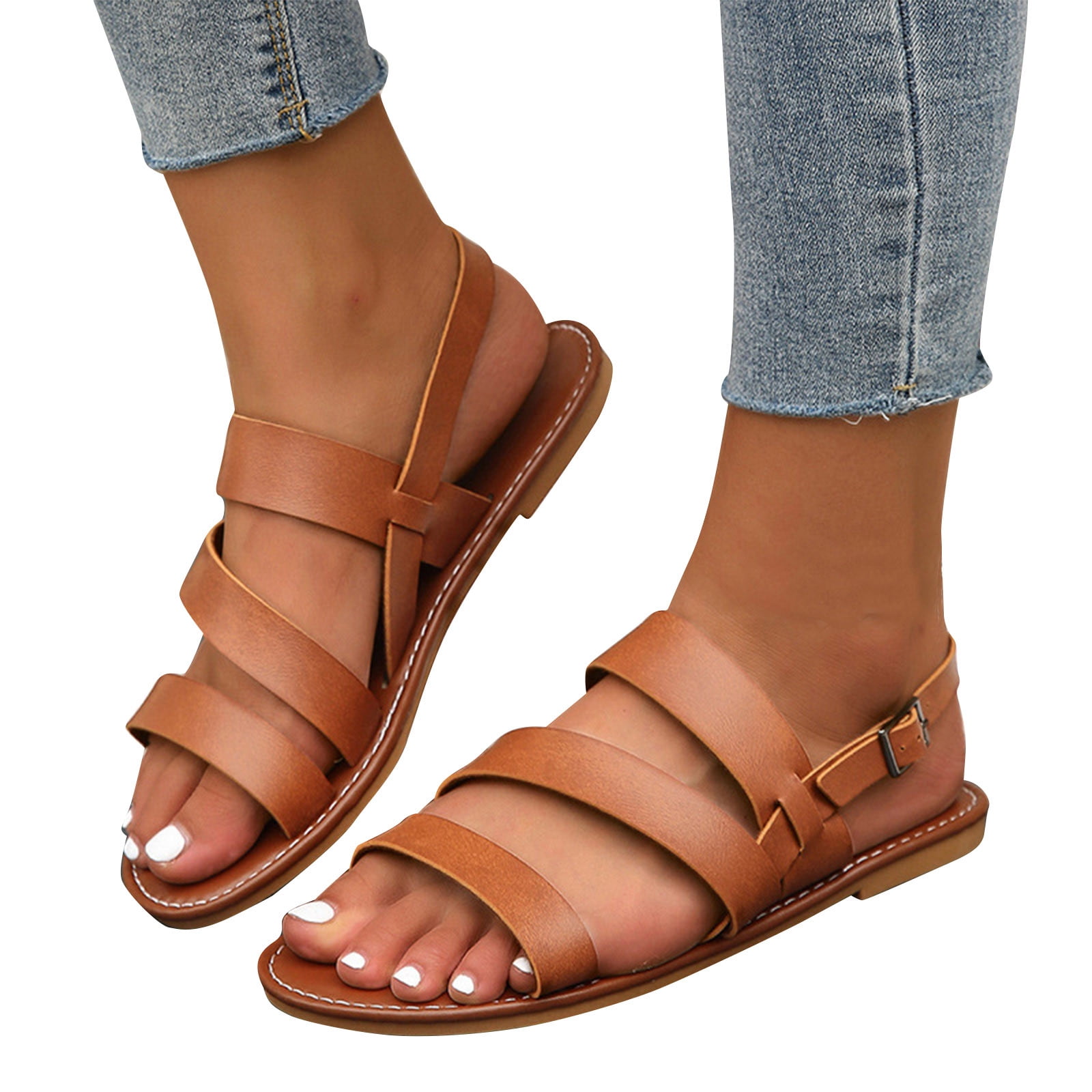 AOOCHASLIY Sandals Women s Closed Toe Flat Sandals Comfortable Ankle Strap Cut Out Cage Summer Roman Shoes