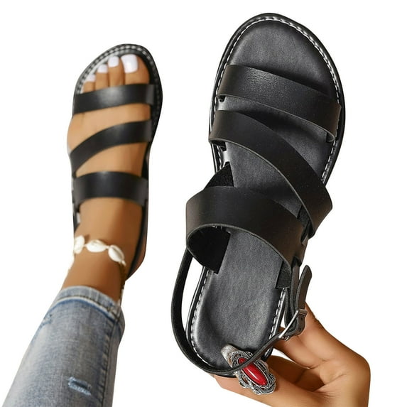 AOOCHASLIY Sandals Women's Closed Toe Flat Sandals Comfortable Ankle Strap Cut Out Cage Summer Roman Shoes
