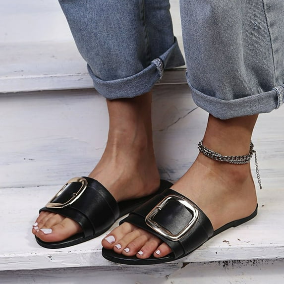 AOOCHASLIY Sandals Women's Fashion Leopard Print Flat Sandals And Slippers With Metal Buckle