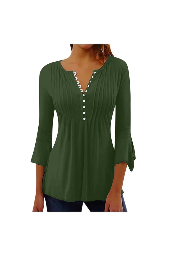 Spring/Fall Women's Trendy Loose-Fit 3/4-Sleeves V-Neck Printed Blouse Casual Fashion Shirt Tops