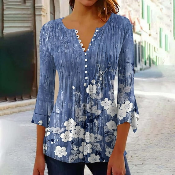 AOOCHASLIY Spring/Fall Women's Trendy Loose-Fit 3/4-Sleeves V-Neck Printed Blouse Casual Fashion Shirt Tops