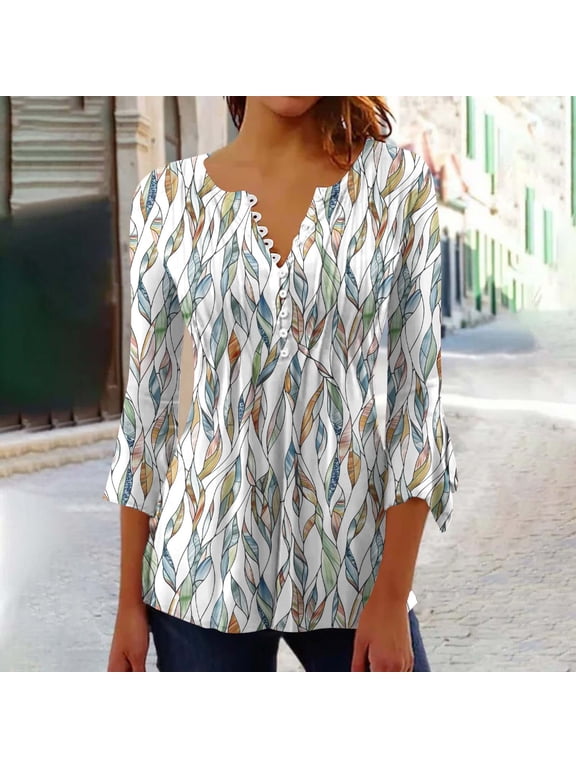 Spring/Fall Women's Trendy Loose-Fit 3/4-Sleeves V-Neck Printed Blouse Casual Fashion Shirt Tops