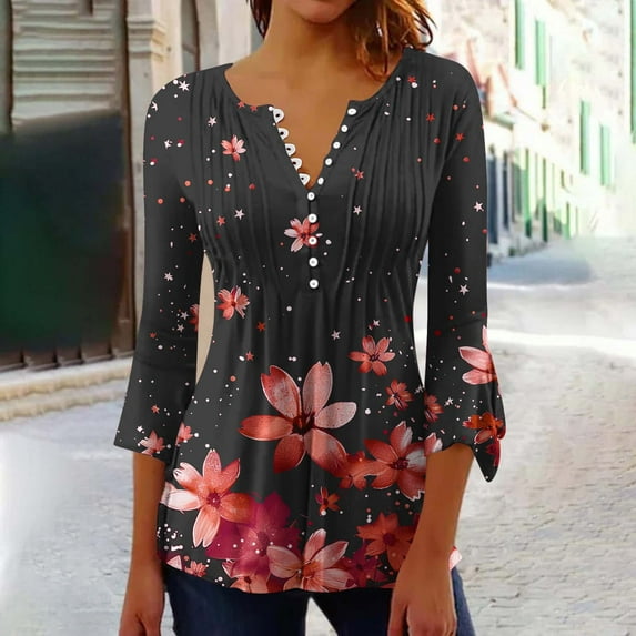 AOOCHASLIY Spring/Fall Women's Trendy Loose-Fit 3/4-Sleeves V-Neck Printed Blouse Casual Fashion Shirt Tops