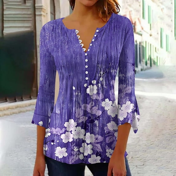 AOOCHASLIY Spring/Fall Women's Trendy Loose-Fit 3/4-Sleeves V-Neck Printed Blouse Casual Fashion Shirt Tops