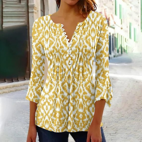 AOOCHASLIY Spring/Fall Women's Trendy Loose-Fit 3/4-Sleeves V-Neck Printed Blouse Casual Fashion Shirt Tops