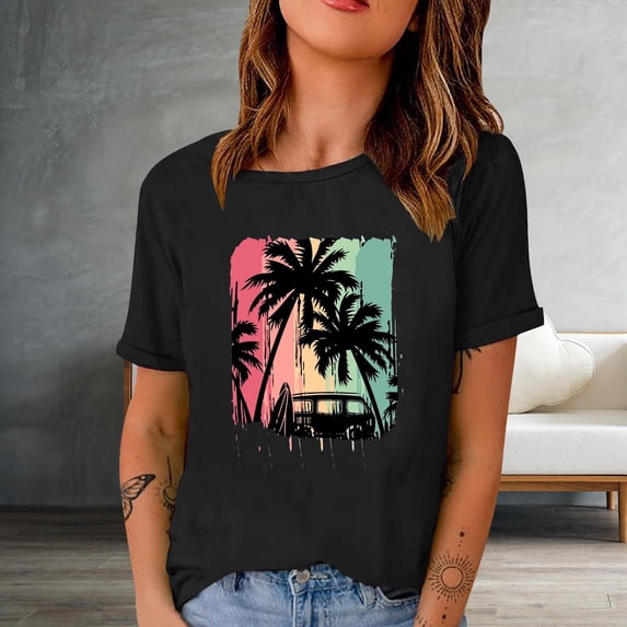 AOOCHASLIY Spring Saving Fashion Woman Print Round-Neck Short Sleeve T-Shirt Printing Loose Blouse Tops