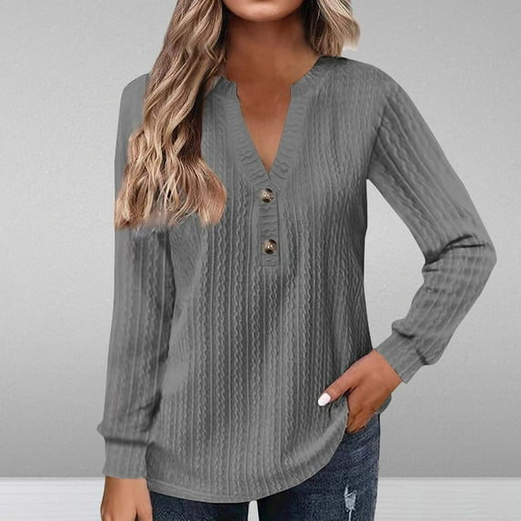 AOOCHASLIY Spring Saving Fashion Women's Button V-Neck Long Sleeve Casual T-shirt Top Solid Blouse