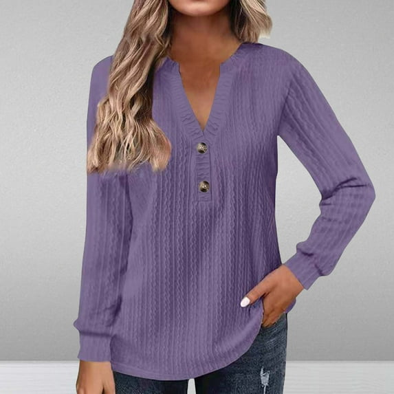 AOOCHASLIY Spring Saving Fashion Women's Button V-Neck Long Sleeve Casual T-shirt Top Solid Blouse