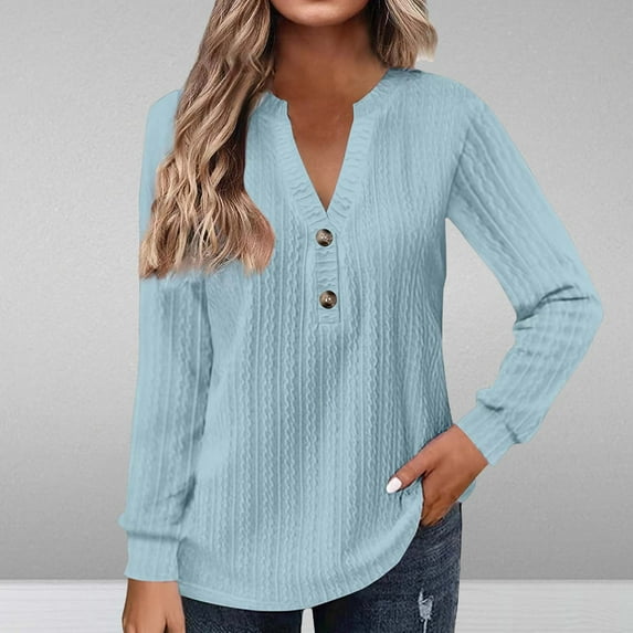 AOOCHASLIY Spring Saving Fashion Women's Button V-Neck Long Sleeve Casual T-shirt Top Solid Blouse