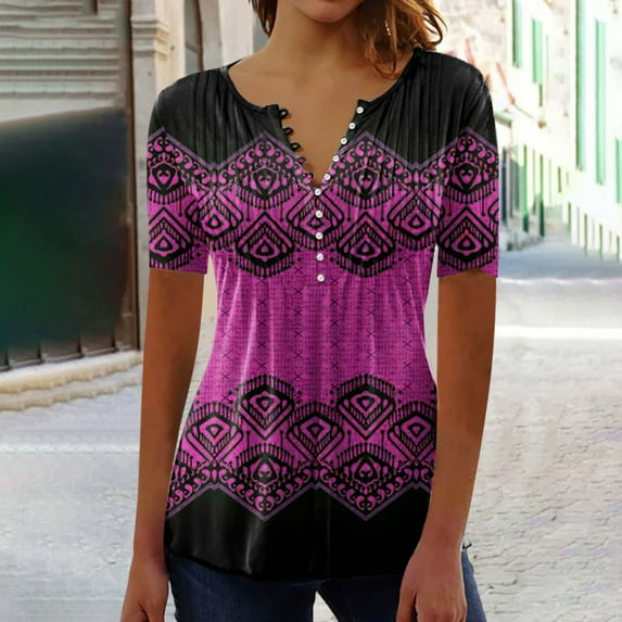 AOOCHASLIY Spring Saving Women Fashion Casual Print Round Neck Loose Short Sleeve T-shirt Top Blouse Pullover