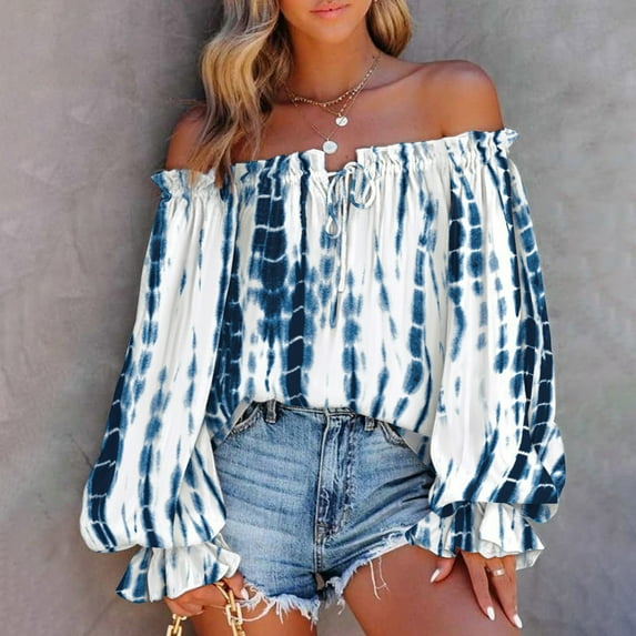 AOOCHASLIY Spring Saving Women's Summer Casual Printing Long Sleeve Off-The-Shoulder Tops Loose Blouses