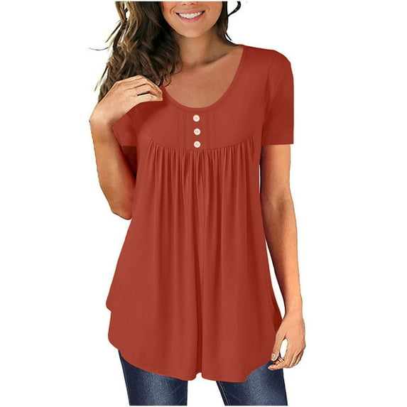 AOOCHASLIY Spring Saving Women's Summer Solid Round Neck Button Pleated Short Sleeve Tops