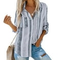 thumbnail image 1 of AOOCHASLIY Spring Saving Womens Fashion V Neck Striped Roll Up Sleeve Blouses Tops With Pocket Loose Shirt, 1 of 5