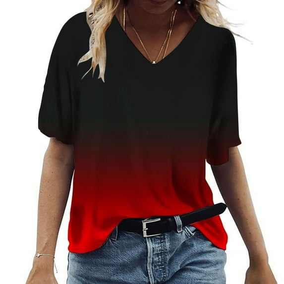 AOOCHASLIY Spring Saving Womens Summer Tops V Neck T Shirts Printed Tops Loose Casual Tshirts